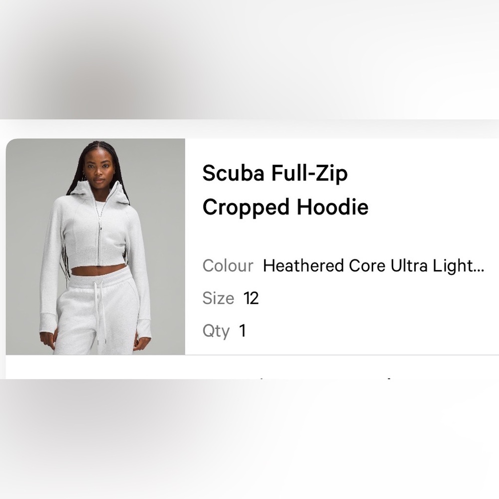 Lululemon scuba full zip cropped hoodie, size 12
